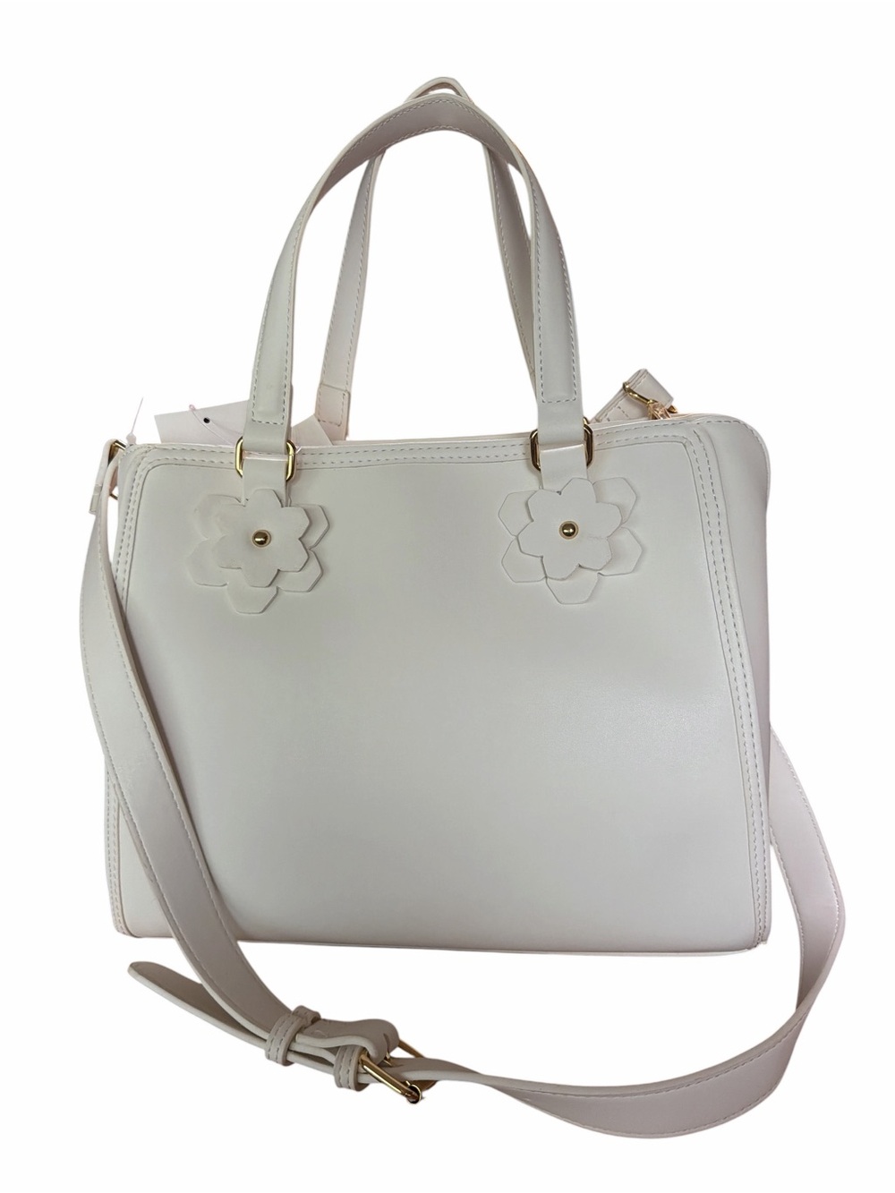 Betsy Johnson White Pink Multi 3-D Applique Floral Butterfly Charm Satchel Bag - Picture 5 of 9
